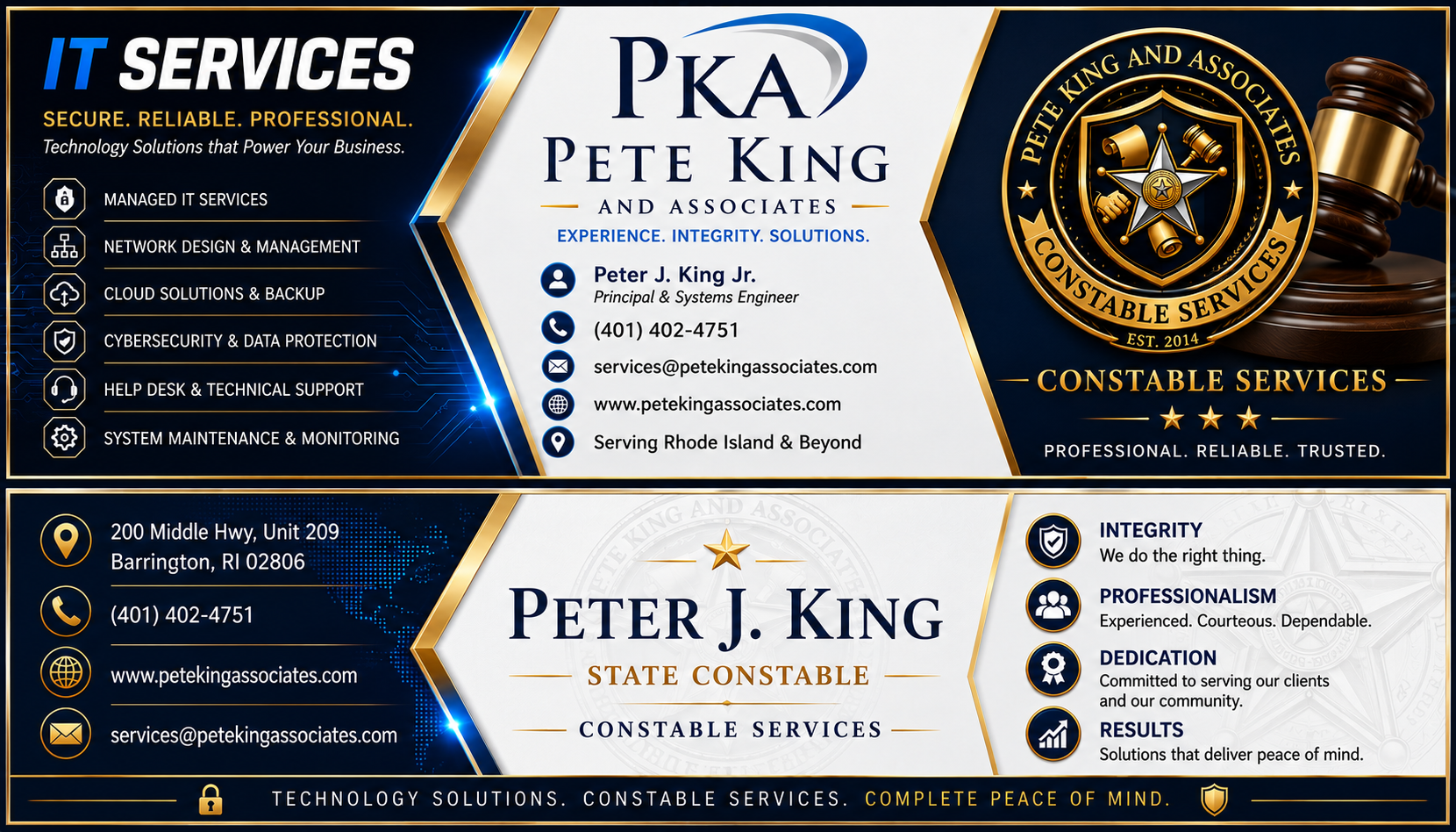 Pete King & Associates brand design featuring IT services and constable services